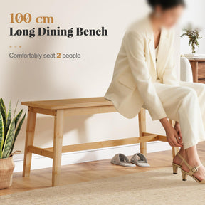 100cm Bamboo Dining Bench with Handwoven Rattan Seat, Wooden Entryway Bench, Farmhouse Kitchen Table Bench