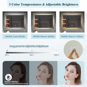 80 x 60 CM Rectangular LED Bathroom Mirror Wall-Mounted Mirror with 3-Color Dimmable Lights