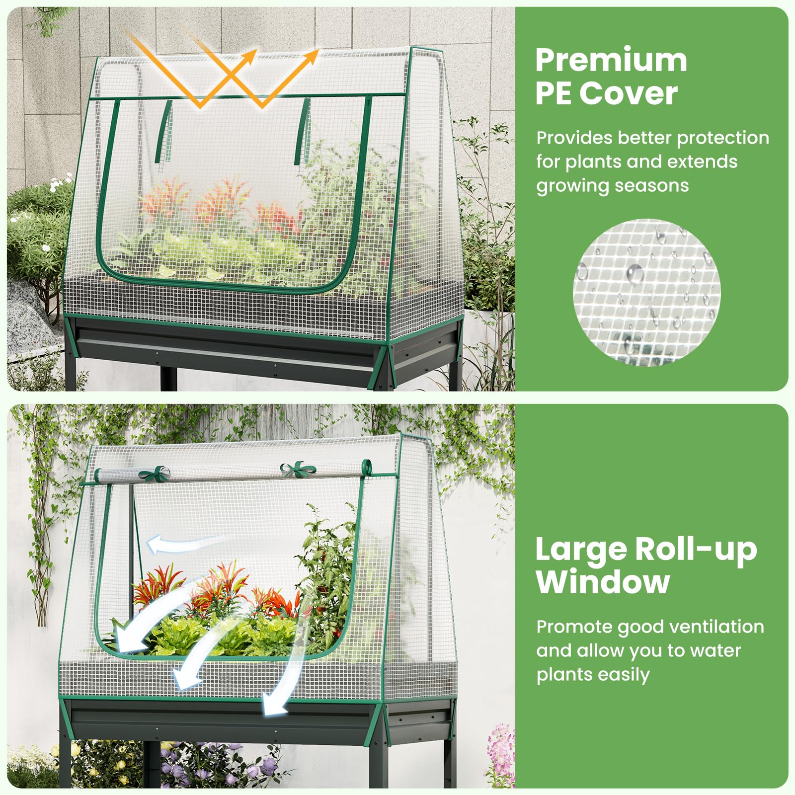 3-in-1 Raised Garden Bed w/Greenhouse Cover & Trellis, Galvanized Metal Elevated Planter Box w/Legs