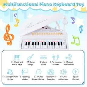HONEY JOY 31 Keys Kids Piano Keyboard with Stool, Multifunctional Toy Piano with Microphone (White)