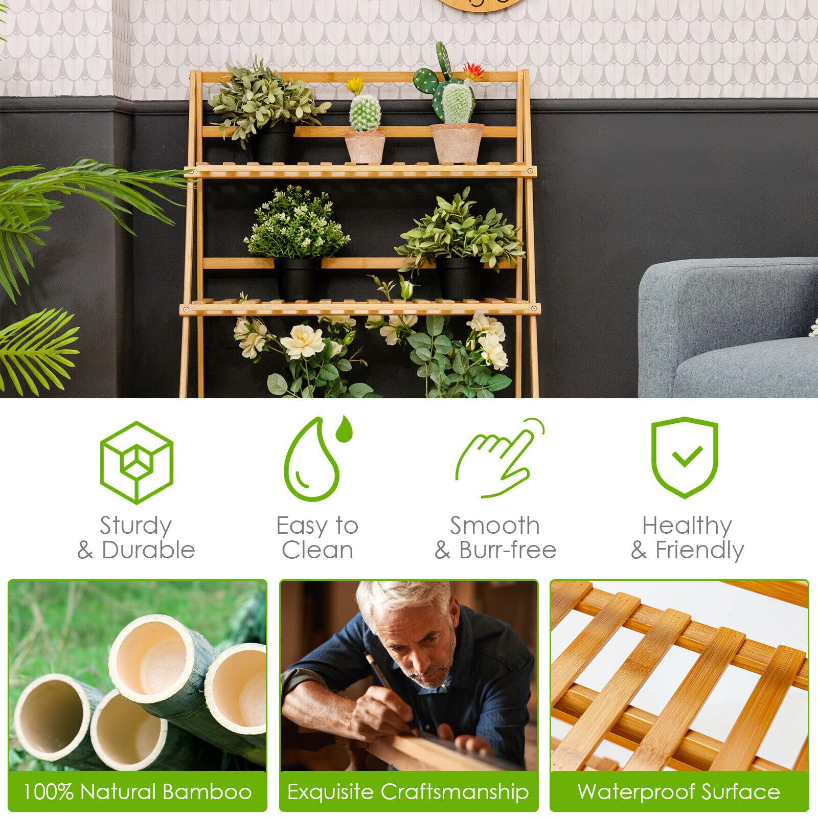 Folding Bamboo Plant Stand, 3-tier Ladder Plants Holder Organizer