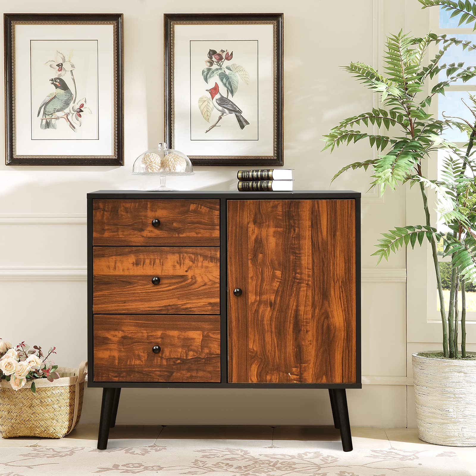 Giantex Retro Storage Cabinet, Vintage Cupboard with 3 Drawers and Adjustable Shelf Rustic Brown