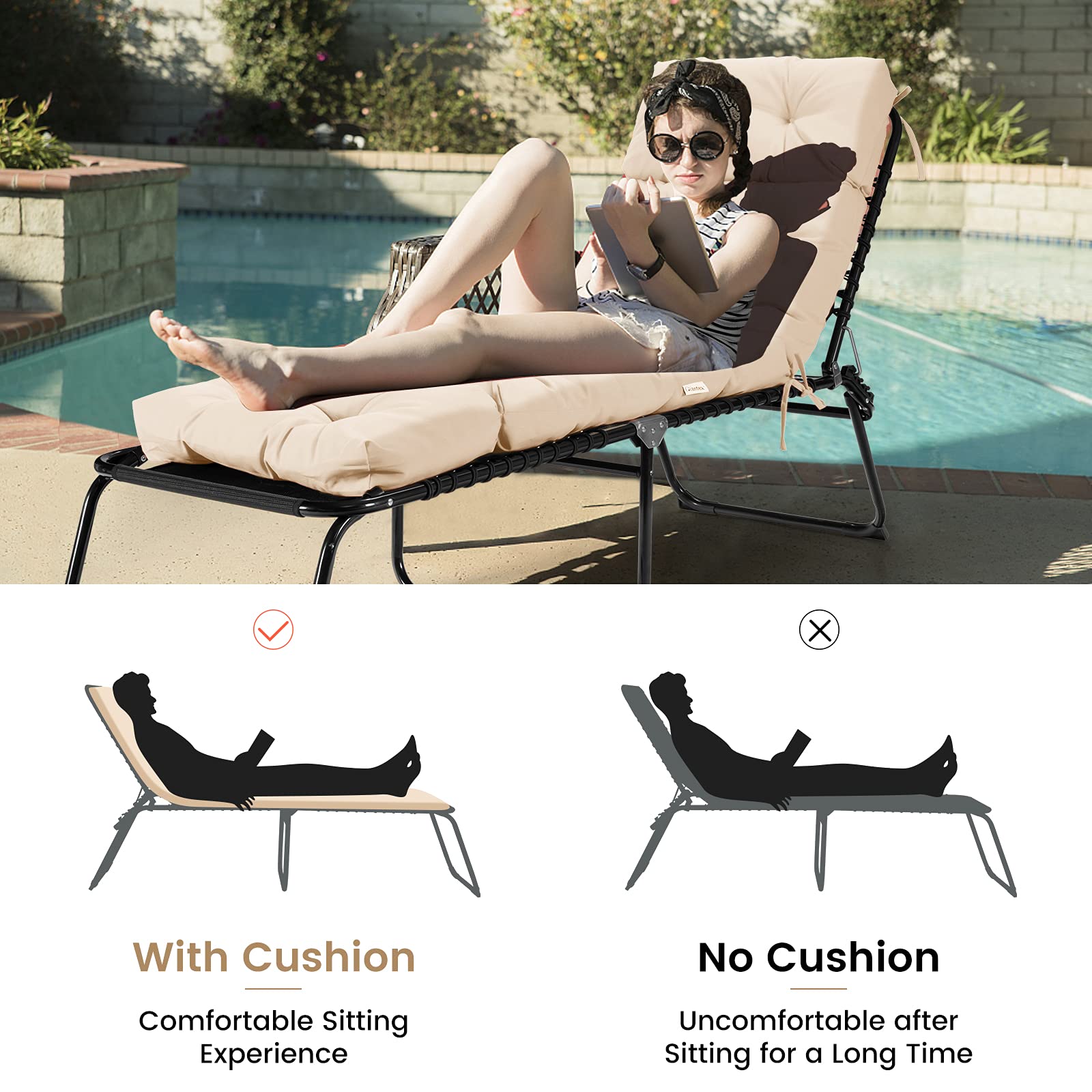 186 x 56cm Patio Lounge Chair Cushion Non-Slip High Back Chair Cushion for Lawn