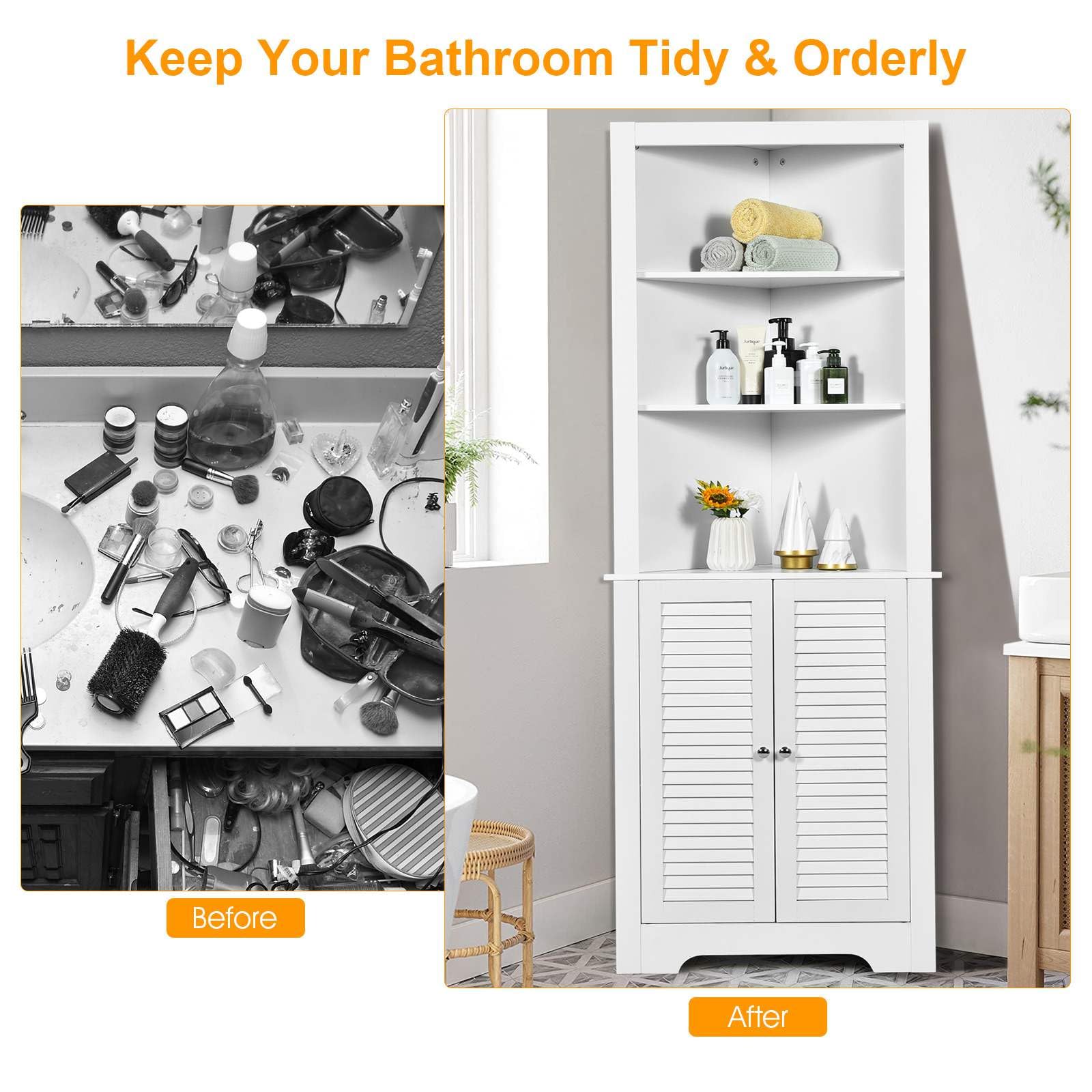 Bathroom Corner Tall Storage Cabinet w/ 3 Open Shelves Storage Organizer White