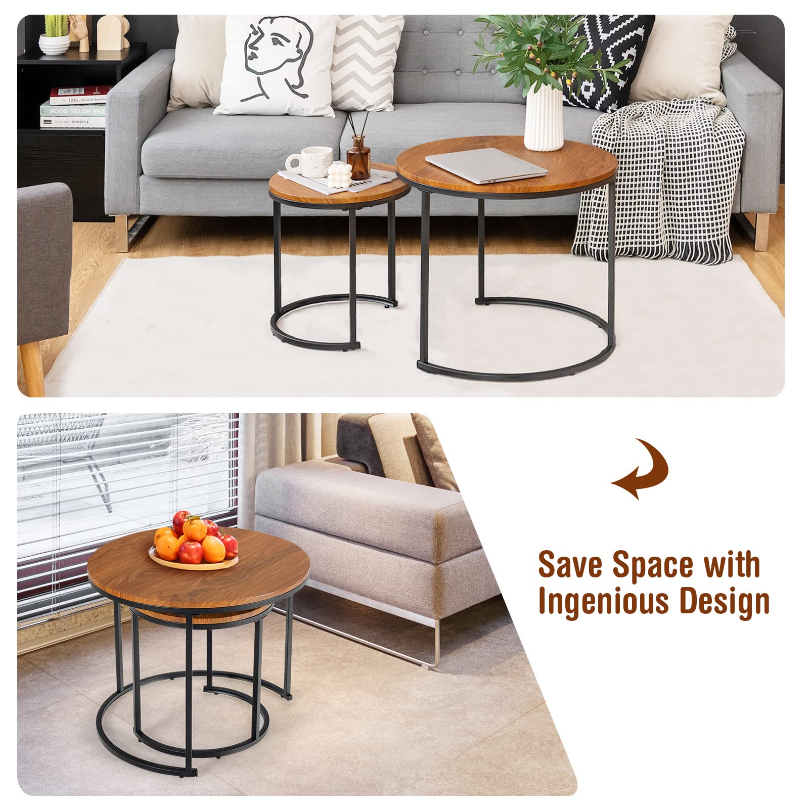 Giantex Set of 2 Compact Stacking Side Tables w/Wooden Tabletop & Powder-Coated Steel Frame