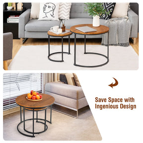 Giantex Set of 2 Compact Stacking Side Tables w/Wooden Tabletop & Powder-Coated Steel Frame