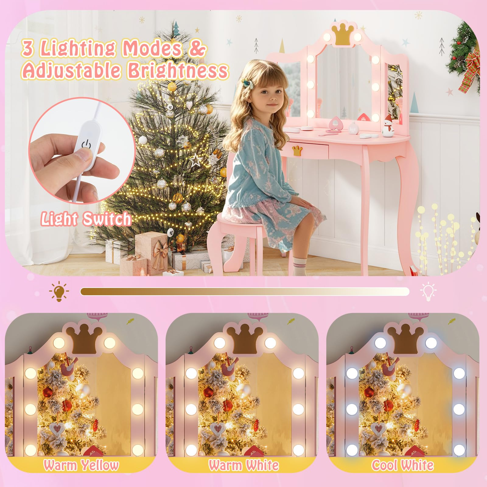 Kids Vanity Set with 3-Color Adjustable Lighted Mirror
