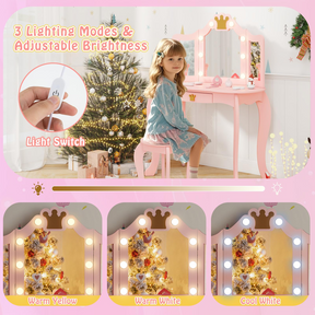 Kids Vanity Set with 3-Color Adjustable Lighted Mirror