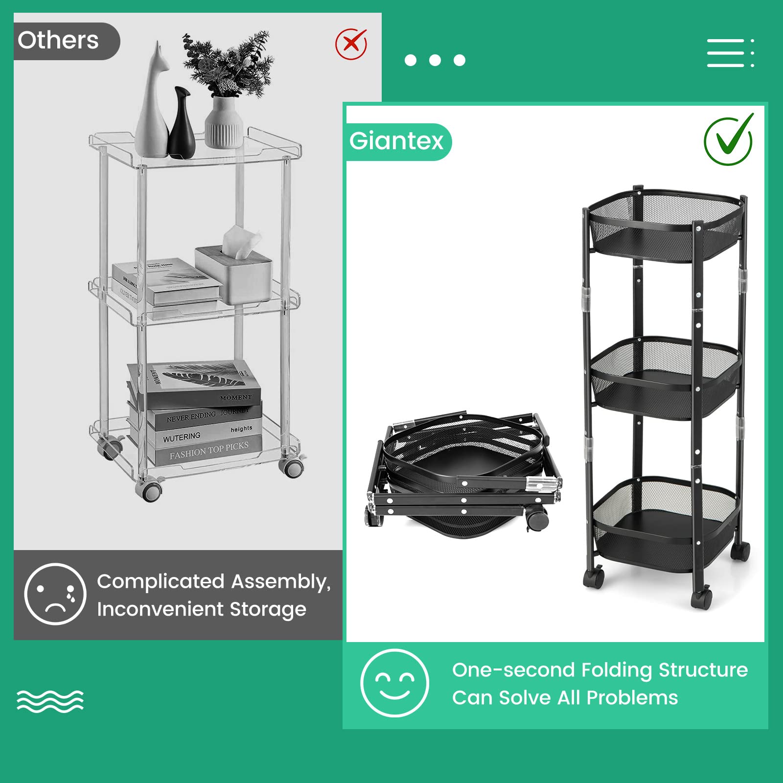 Giantex Foldable 3-Tier Utility Rolling Cart, One-Second Folding Metal Fruit Vegetable Storage Basket Stand with Wheels