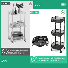 Giantex Foldable 3-Tier Utility Rolling Cart, One-Second Folding Metal Fruit Vegetable Storage Basket Stand with Wheels