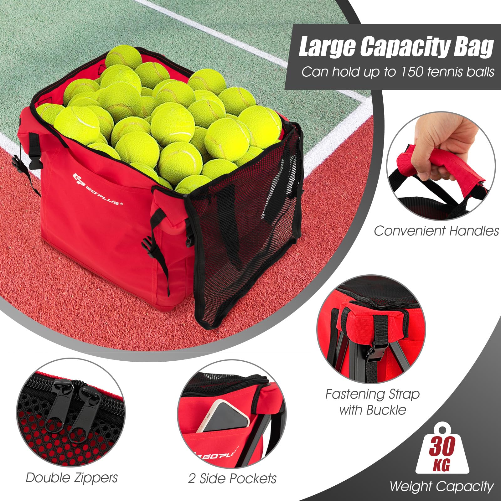 Foldable Tennis Ball Cart, Lightweight Aluminum Tennis Ball Hopper Basket w/Wheels