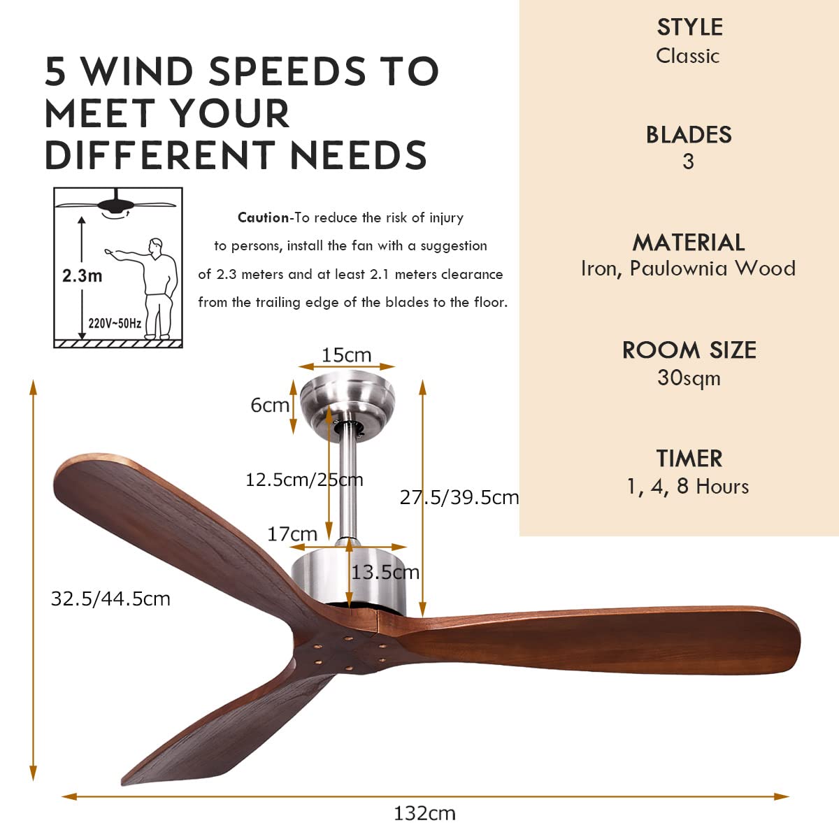 52" Ceiling Fan, Outdoor Indoor Ceiling Fan with Remote Control, 3 Solid Wooden Blades