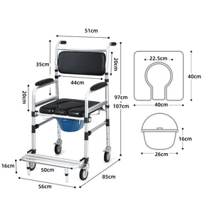 Toilet Commode Wheelchair, Multifunctional Rolling Commode Chair w/ 5-Level Adjustable Height & Removable Toilet