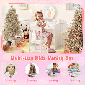 Kids Vanity Set with Mirror, Princess Makeup Dressing Desk and Chair Set with Mirror, Open Shelf and 4 Storage Drawers, Pretend Play Vanity Table Set (White)