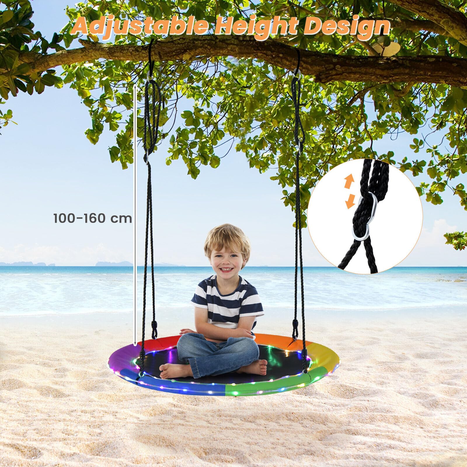 40”/100CM Saucer Tree Swing with LED Lights, Indoor Outdoor Saucer Swing for Kids Adults w/Adjustable Multi-Strand Hanging Ropes