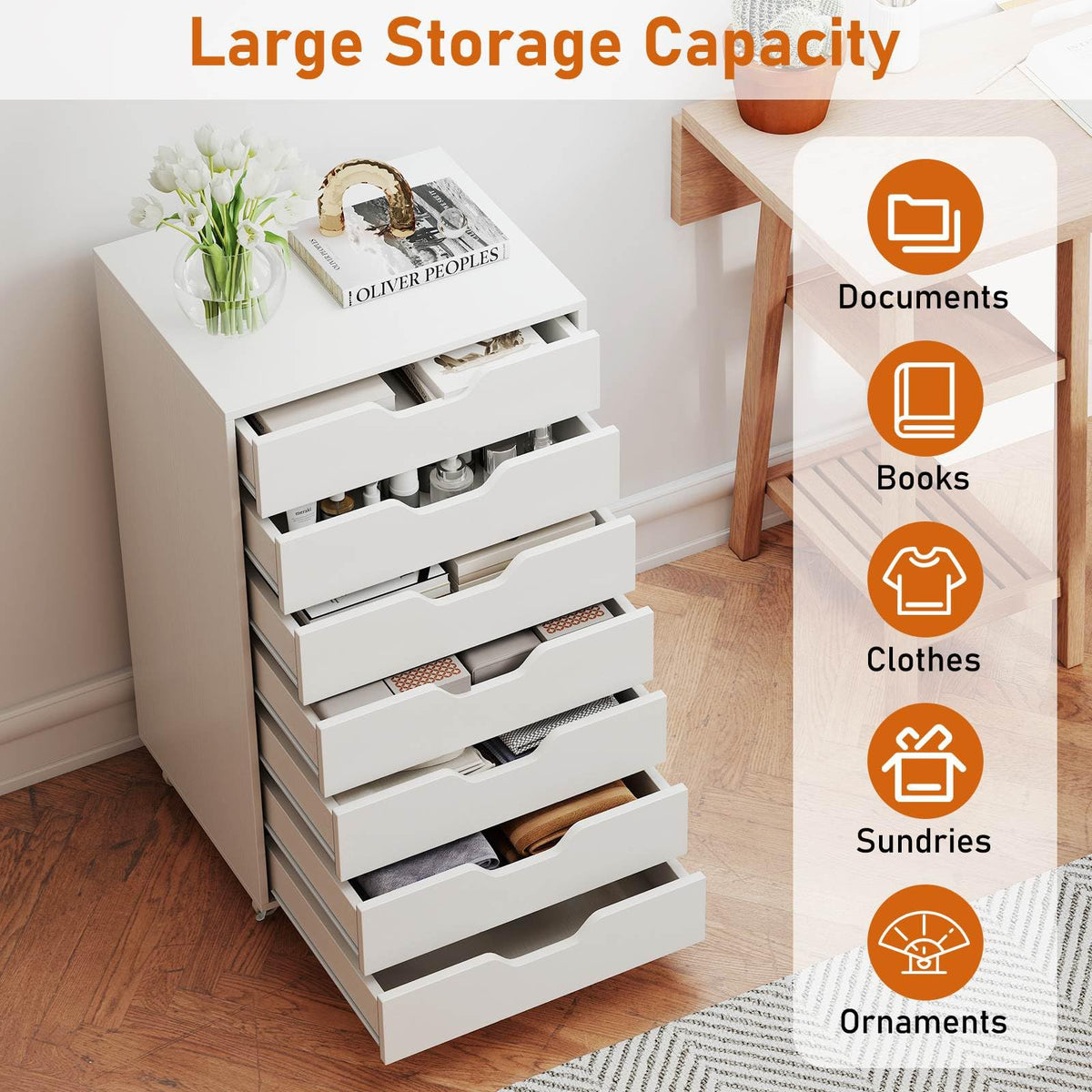 7-Drawer Storage Cabinet, Mobile File Organizer with 4 Universal Casters, Wooden Vertical Filing Dresser Chest on Lockable Wheels for Office, Study, Living Room, Bedroom
