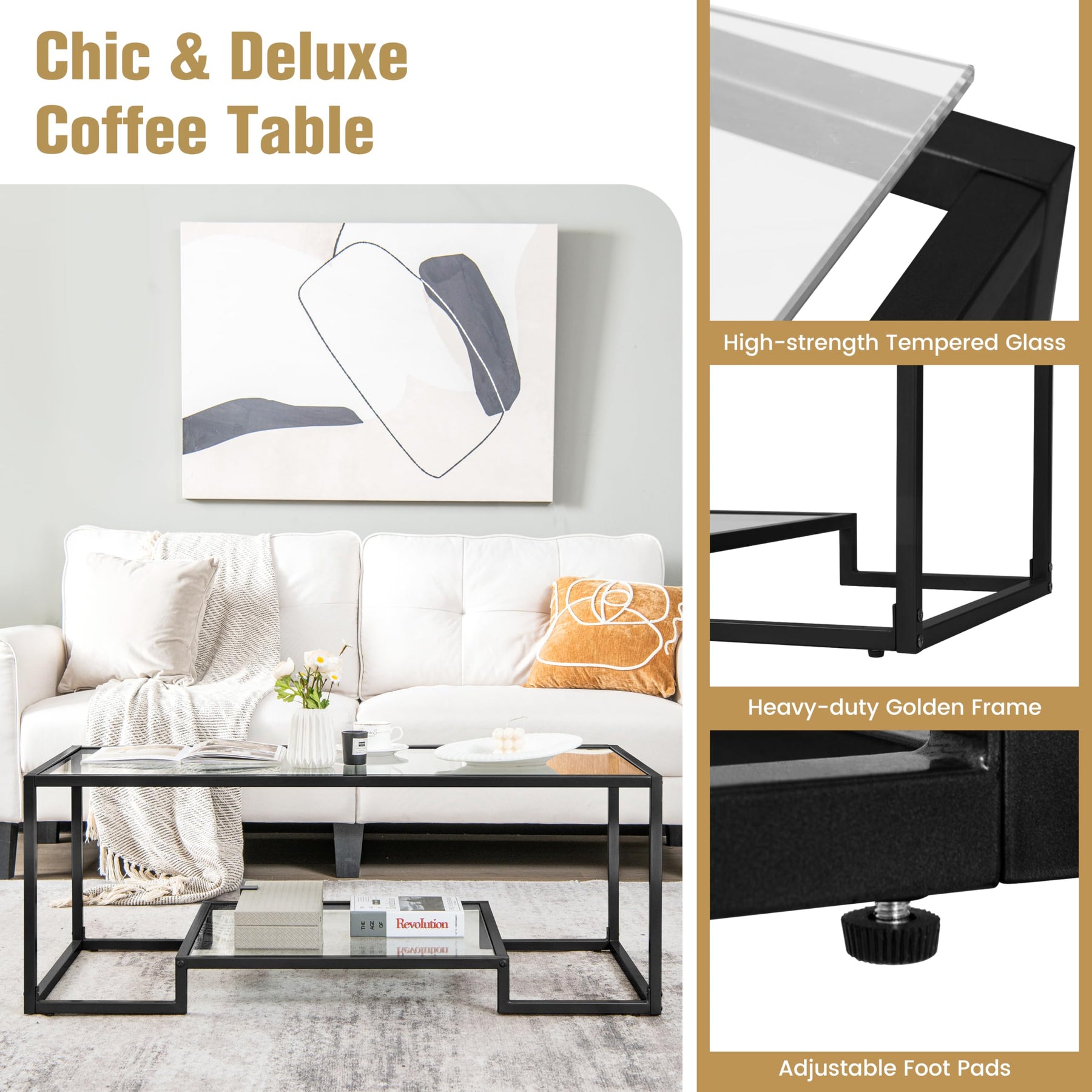 Giantex Modern 2-Tier Coffee Table, Rectangular Accent Table with Golden Metal Frame