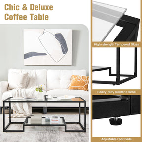 Giantex Modern 2-Tier Coffee Table, Rectangular Accent Table with Golden Metal Frame