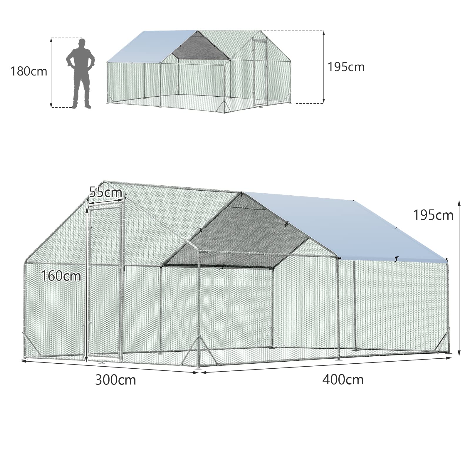 Large Spire-Shaped Chicken Coop, Galvanized Metal Hen House with Waterproof & Sun-protective Cover