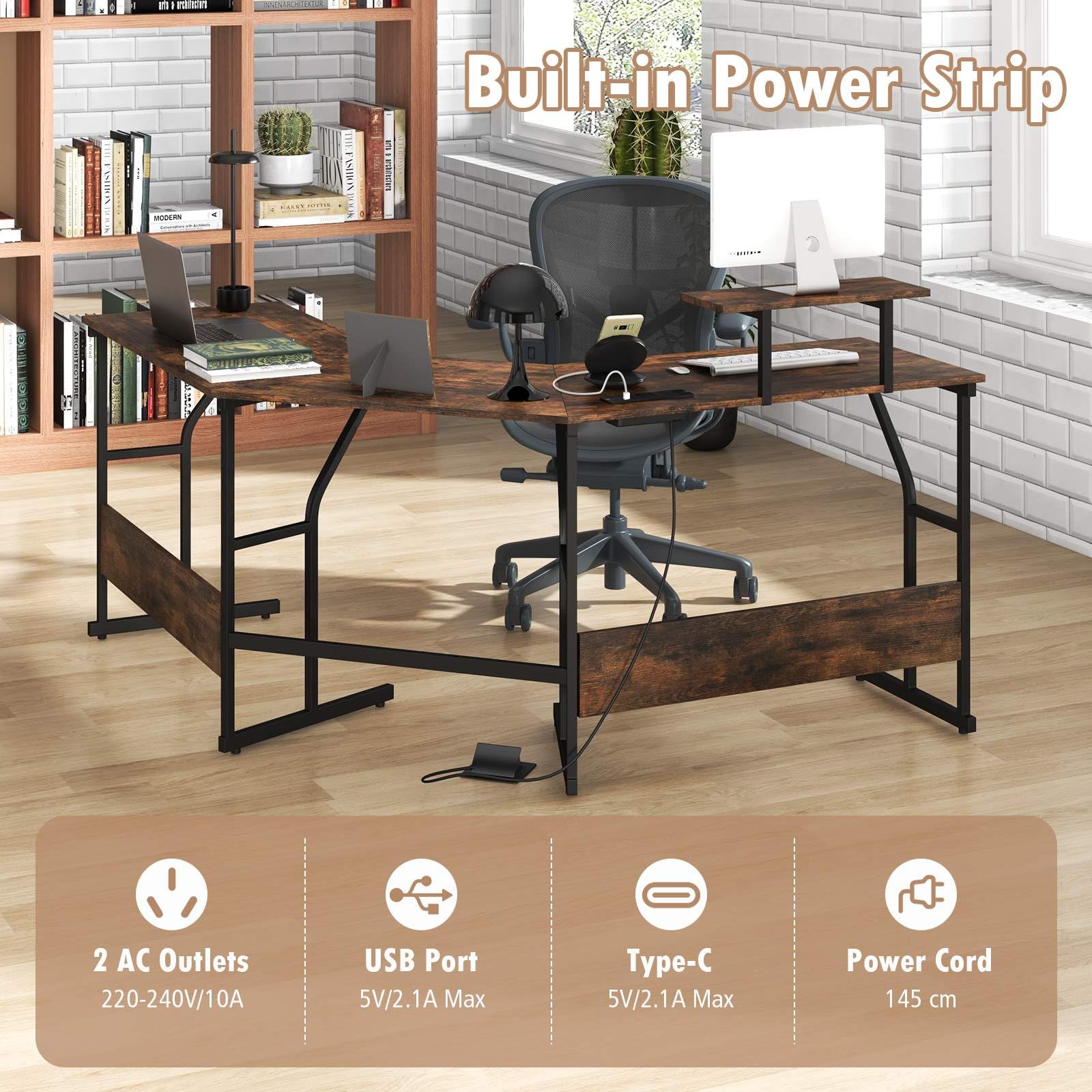 225cm L-Shaped Desk Corner Computer Desk Workstation w/Power Outlet Home Office