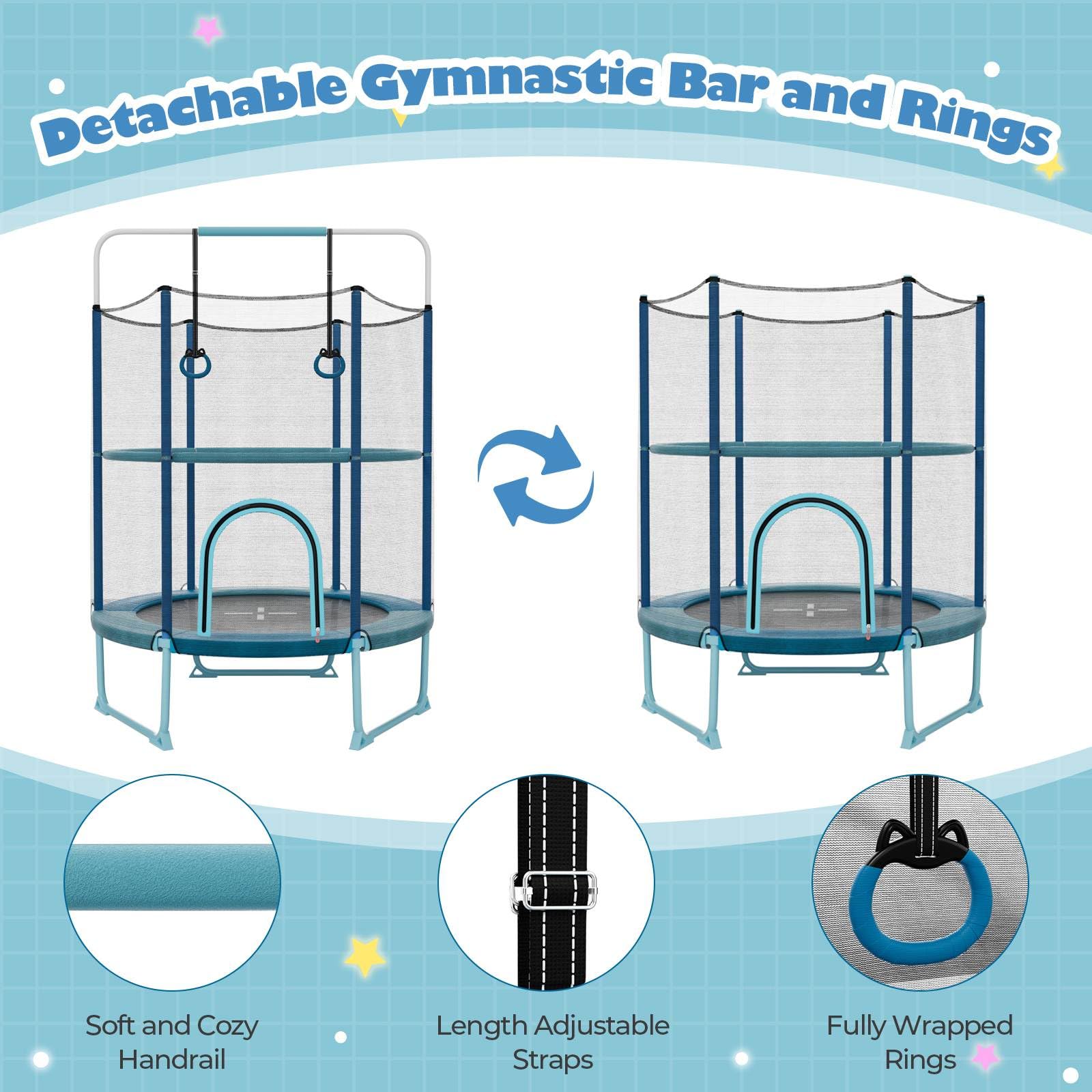 60" Kids Trampoline 5 FT Recreational Trampoline with Gymnastic Bar & Rings Blue