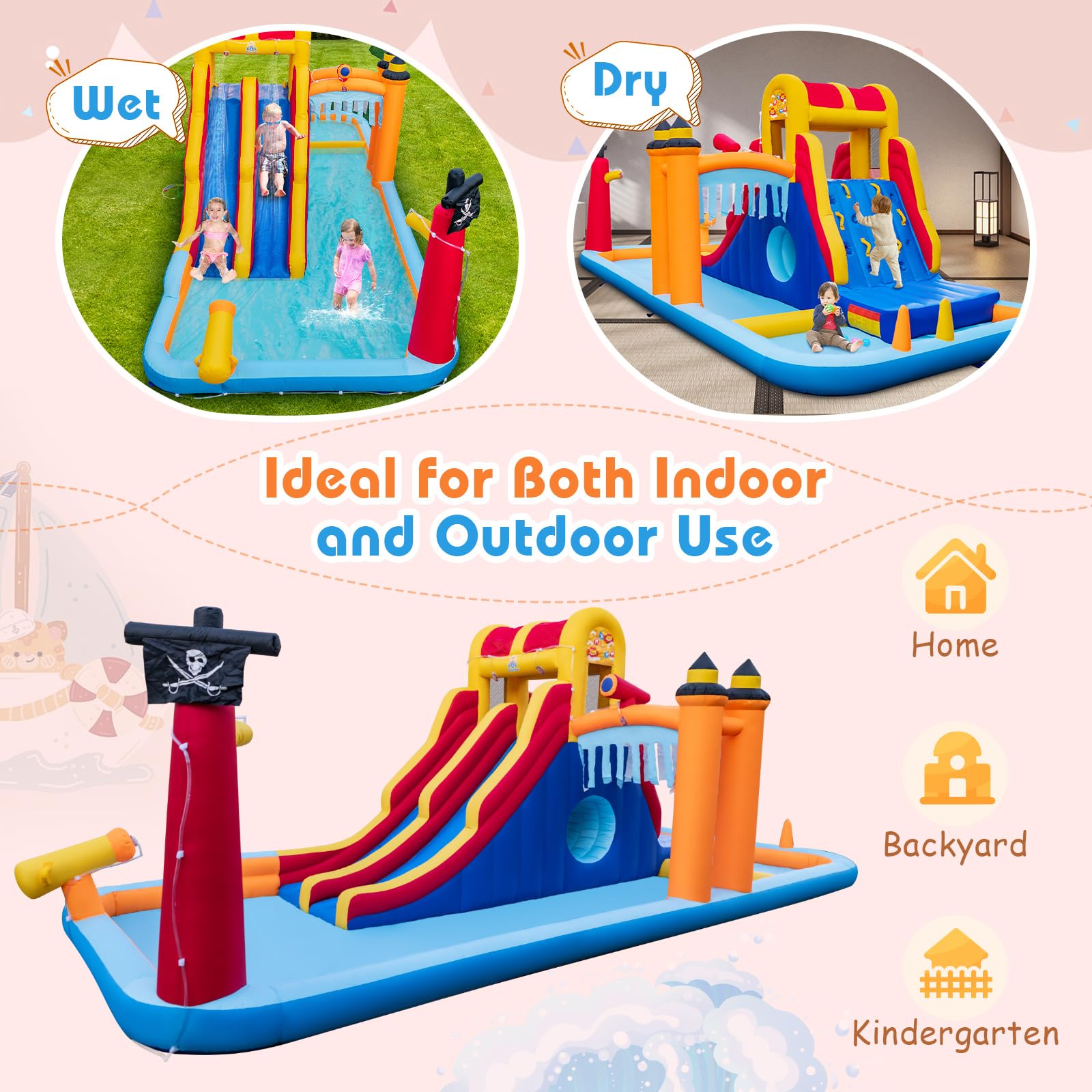 HONEY JOY Inflatable Water Slide, 6-in-1 Water Park w/Dual Slides, Climbing Wall, Water Cannon, Splash Pools