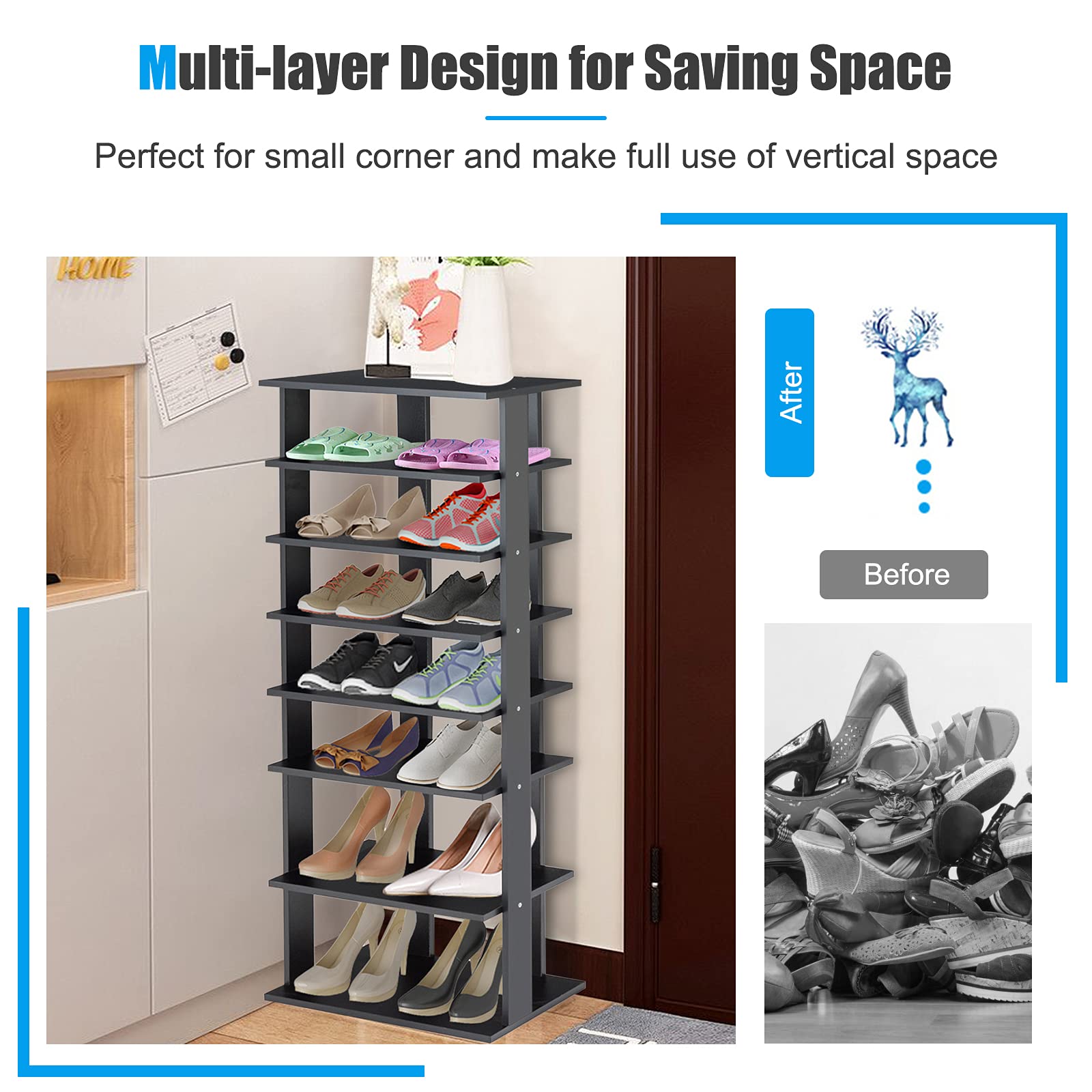 Giantex 7-Tier Wooden Shoe Rack, Shoe Storage Tower Multiple Layers, Detachable Board