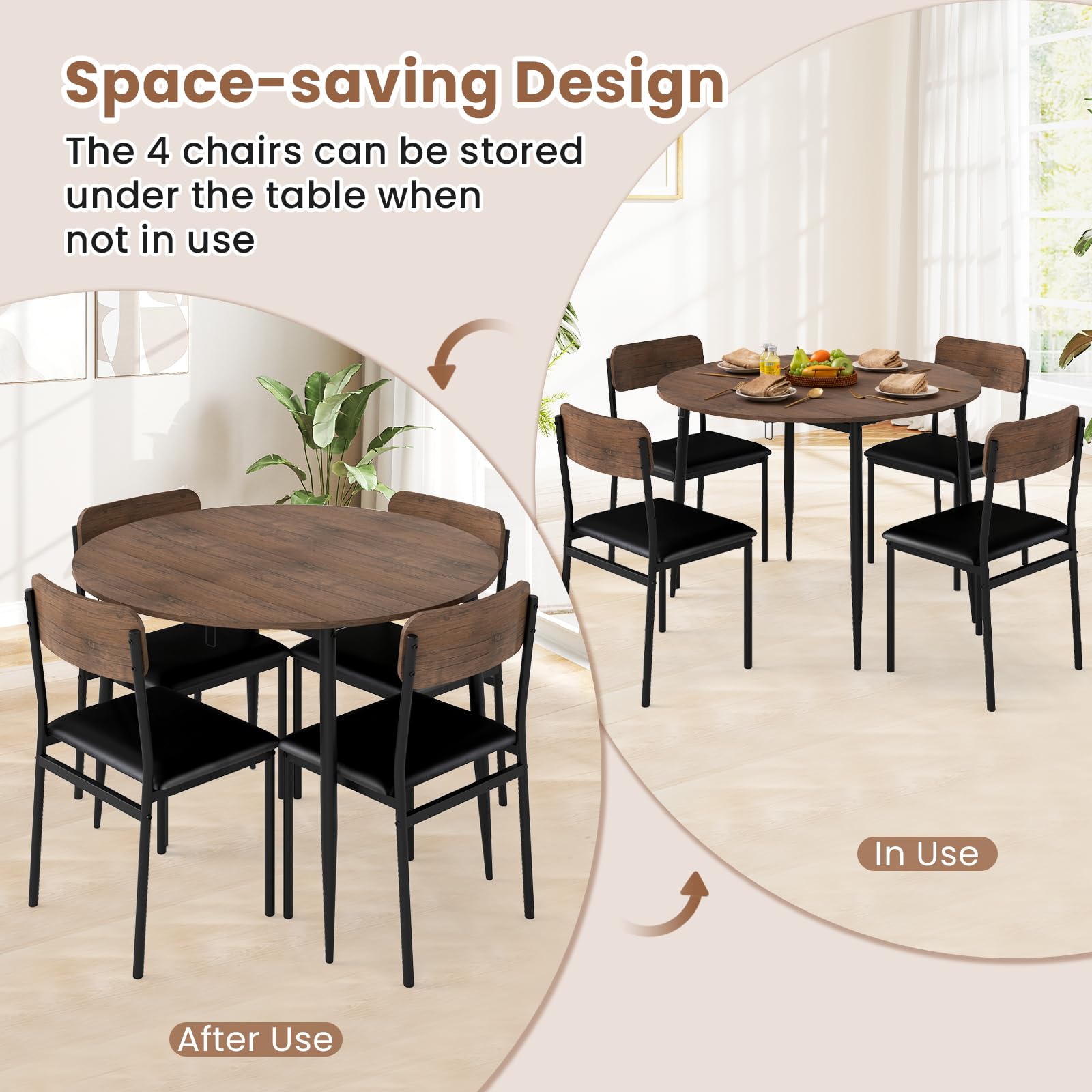 Round Kitchen Table Set w/Drop Leaf Tabletop