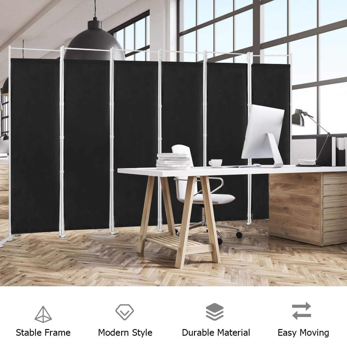 6 Panel Room Divider, 300x180CM Folding Privacy Screen with Steel Frame & Fabric Surface