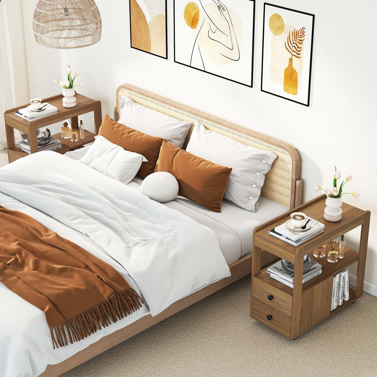2-Drawer Sofa Side Table with Open Shelves, Modern Narrow End Table