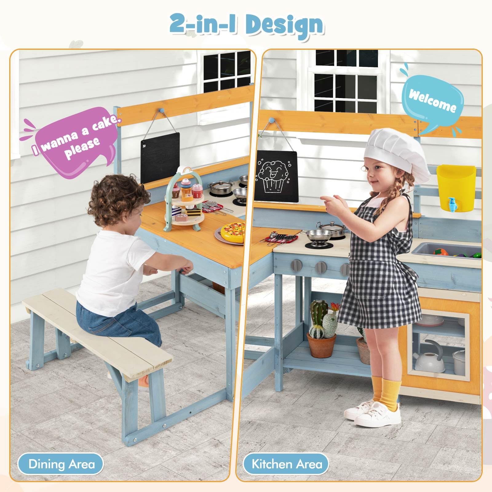 Kids Pretend Play Mud Kitchen, 2-in-1 Outdoor Toy Kitchen & Dining Area w/Storage, Accessories