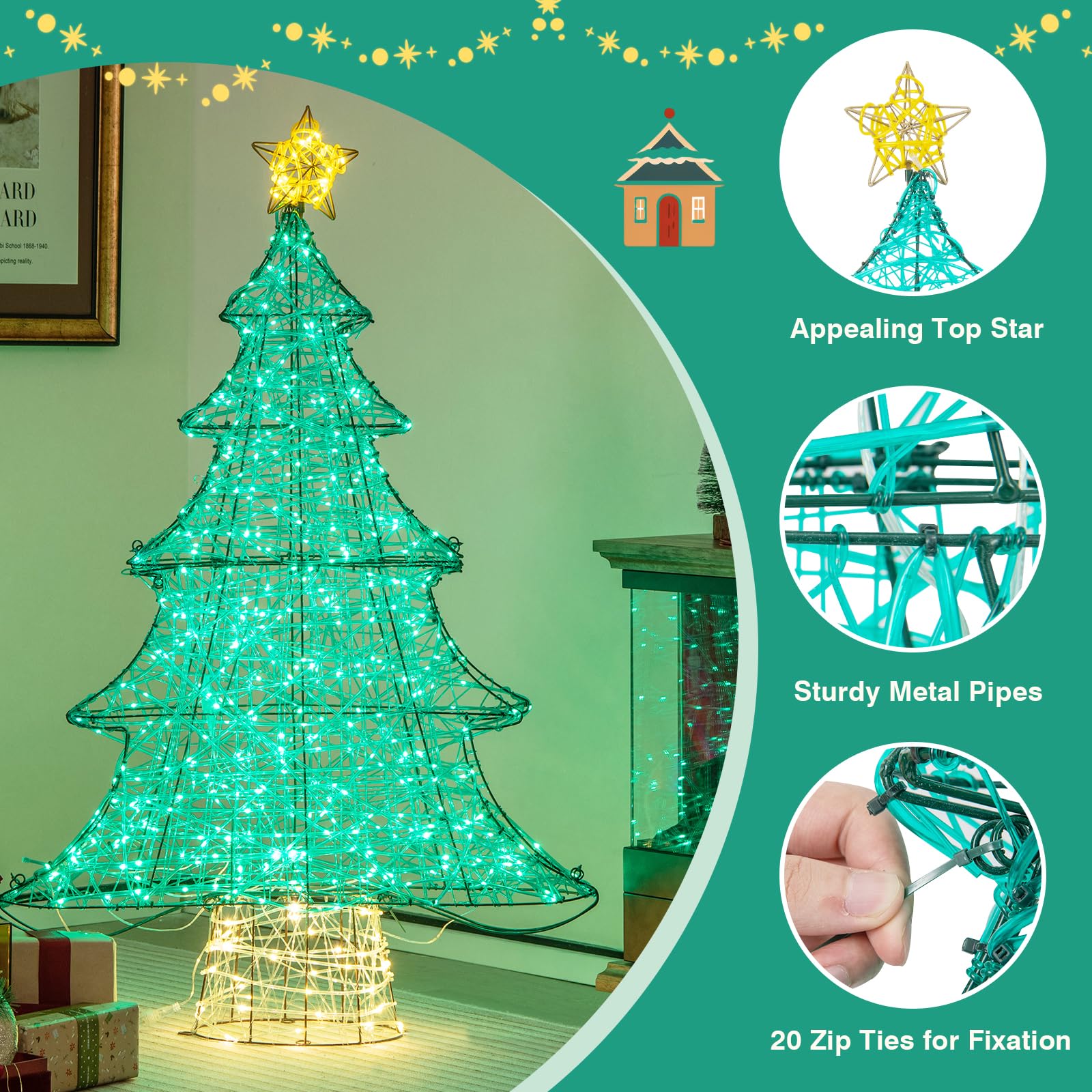 124CM Pre-lit Artificial Christmas Tree, Xmas Tree Decor with 520 LED Lights, Top Star