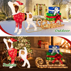 Lighted Christmas Decorations, 170 Warm Bright Lights Outdoor Pre-lit Xmas Dog & Sleigh & Gift Boxes Combo