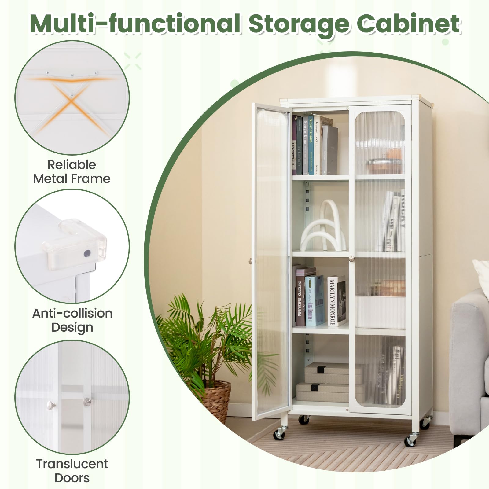 Giantex Glass Doors Storage Cabinet w/Wheels, Mobile 2 Doors Food Pantry Cupboard Cabinet