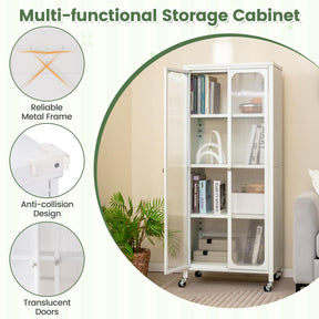 Giantex Glass Doors Storage Cabinet w/Wheels, Mobile 2 Doors Food Pantry Cupboard Cabinet