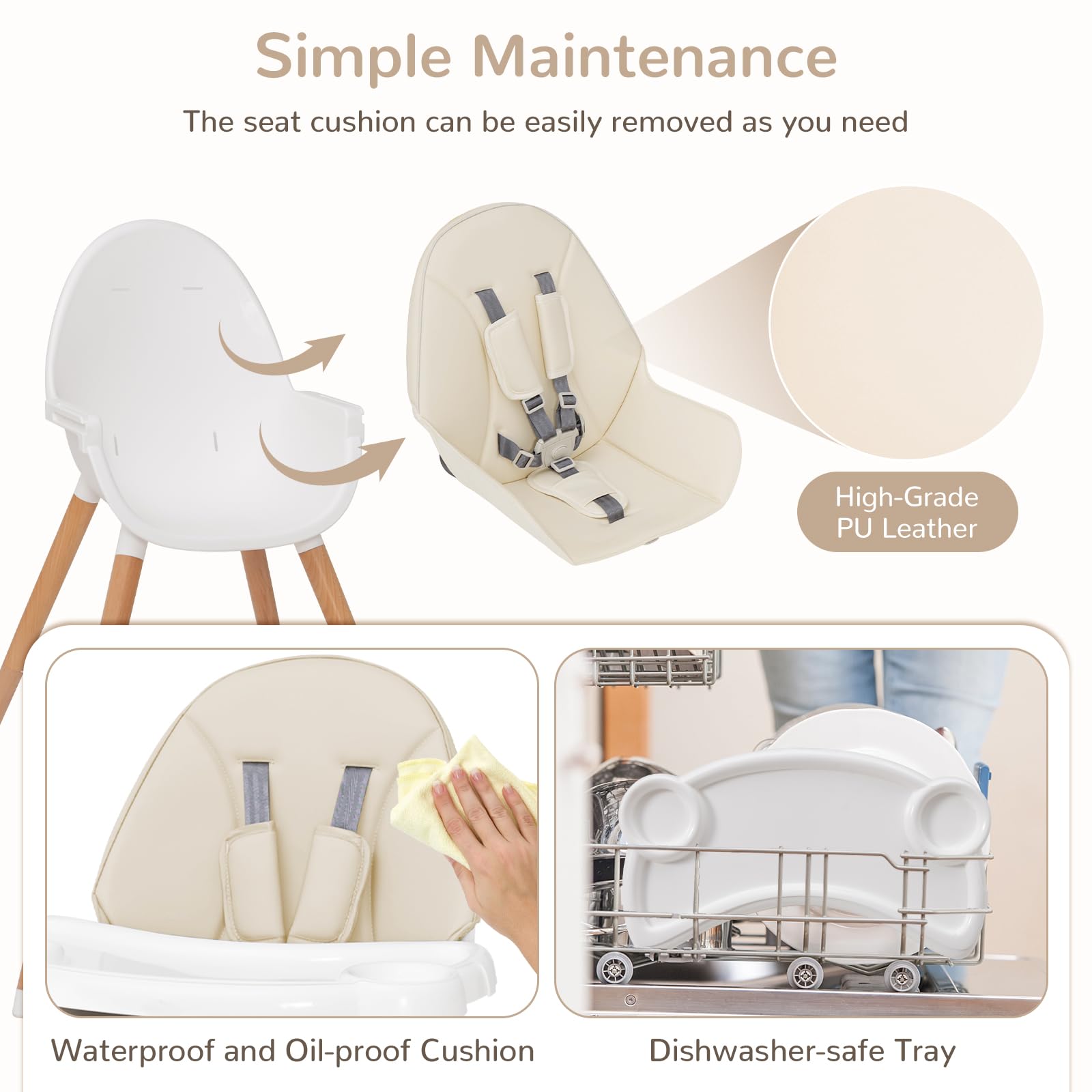 BABY JOY Baby High Chair, Wooden Highchair for Babies Infants w/Double 4-Gear Tray