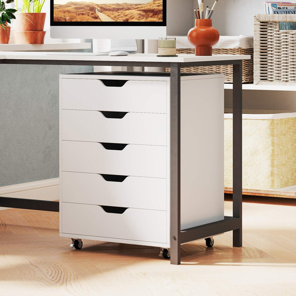 5 Drawer Chest, Rolling Dresser Storage Cabinet with Lockable Wheels, Under Desk Filing Cabinet, Wood Printer Stand for Home Office