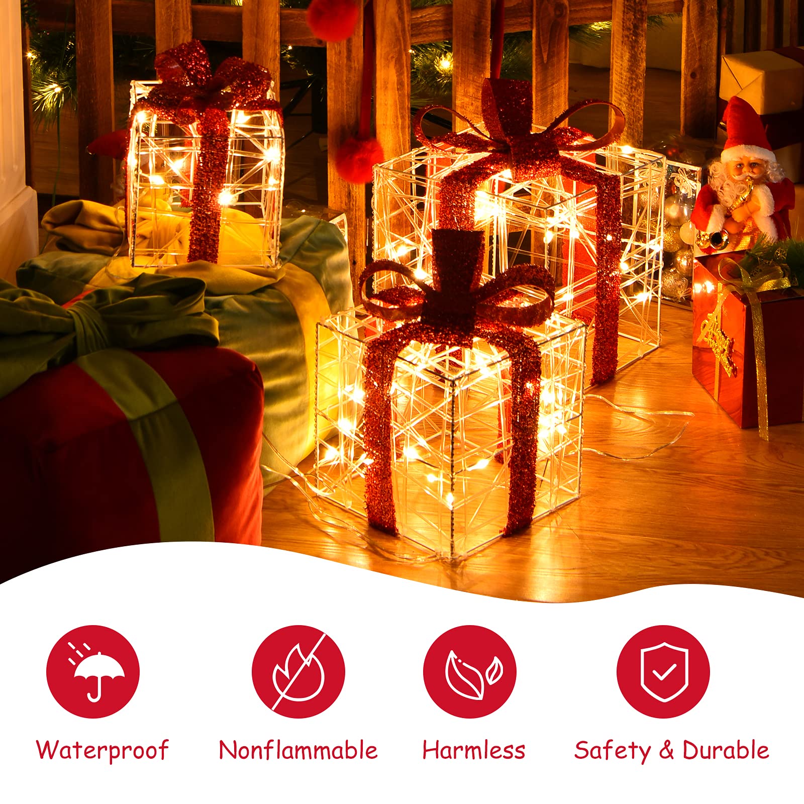 Set of 3 Christmas Lighted Gift Boxes Suitable for Indoor and Outdoor