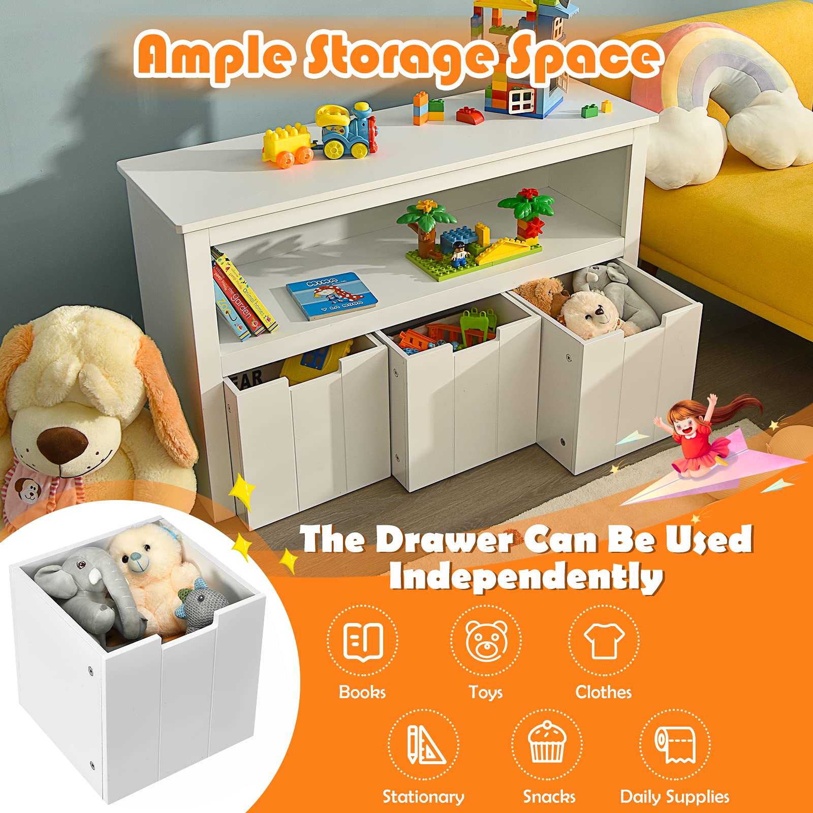BABY JOY Kids Toy Storage Cabinet with 3 Removable Drawers, Rolling Wheels & Open Shelf