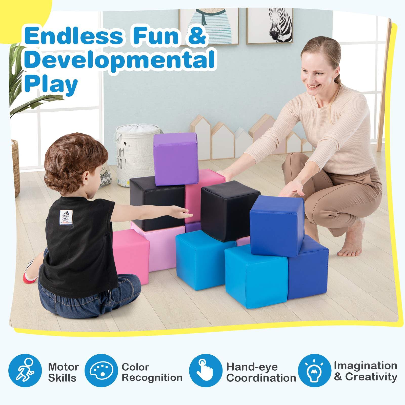 BABY JOY Foam Building Blocks, 12-Piece 14 CM Colorful Stacking Climbing Foam Cubes Play Set for Kids