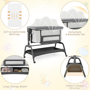 4 in 1 Rocking Baby Bassinet, Newborn Infant Bedside Sleeper w/6 Adjustable Heights
