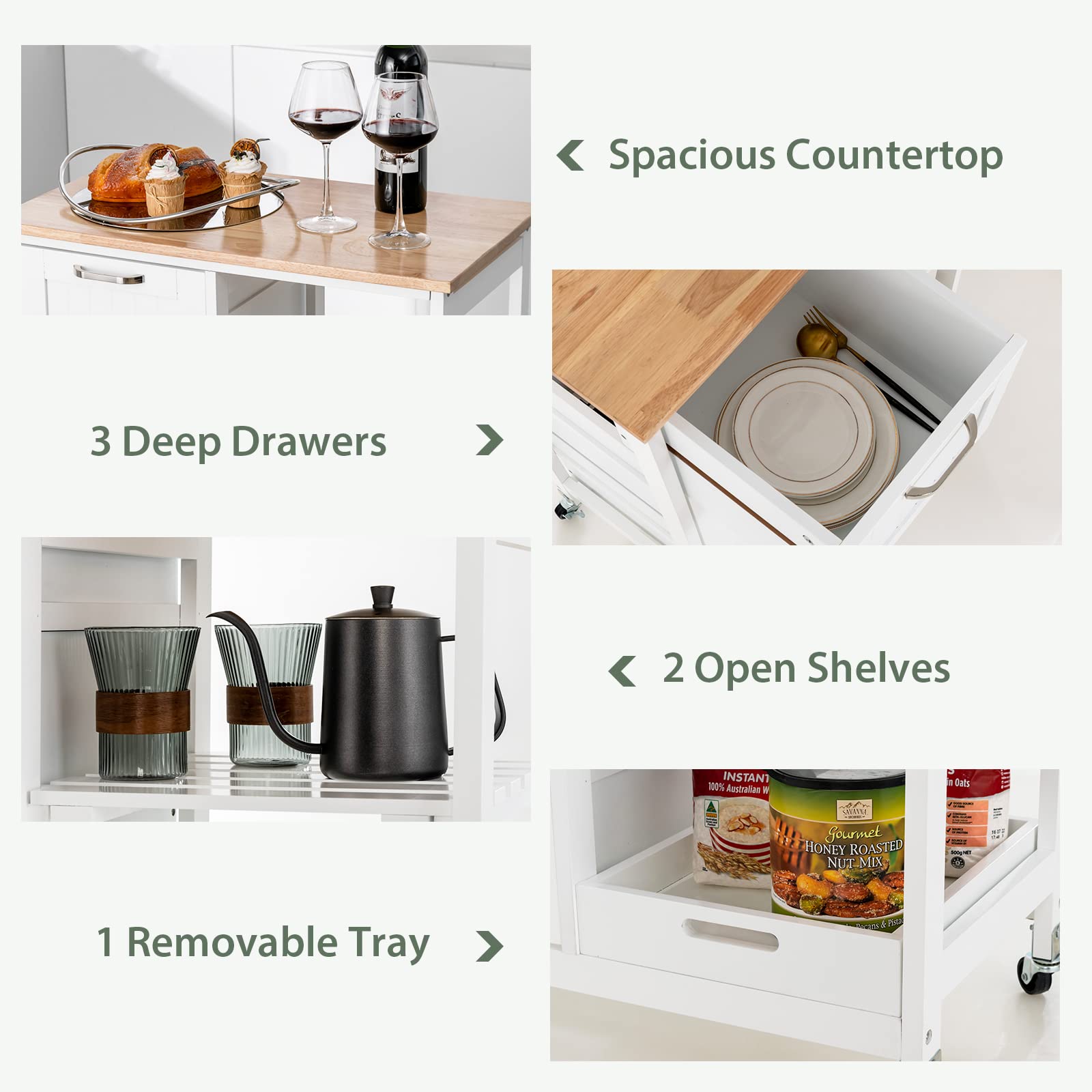 Giantex Kitchen Island on Wheel with Storage, Multi-purpose Rolling Cart w/ Rubber Wood Countertop, 3 Drawers
