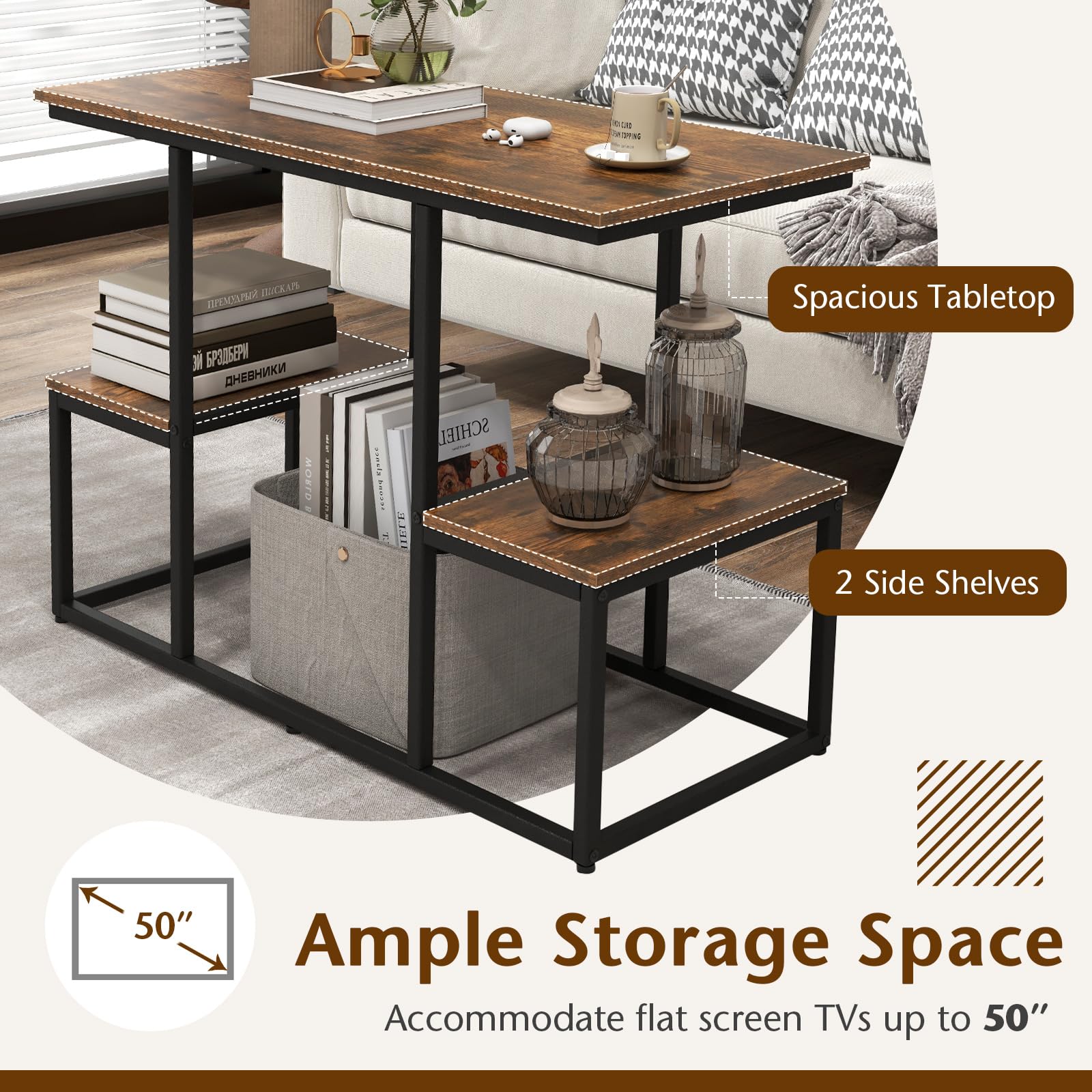 Giantex Rustic TV Console Table for 50 Inches TVs, Industrial Sofa Table with Open Storage Shelves