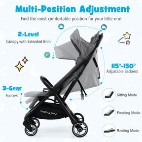 Lightweight Baby Stroller, Folding Infant Toddler Stroller w/Backrest, Storage Basket,Footrest & Canopy