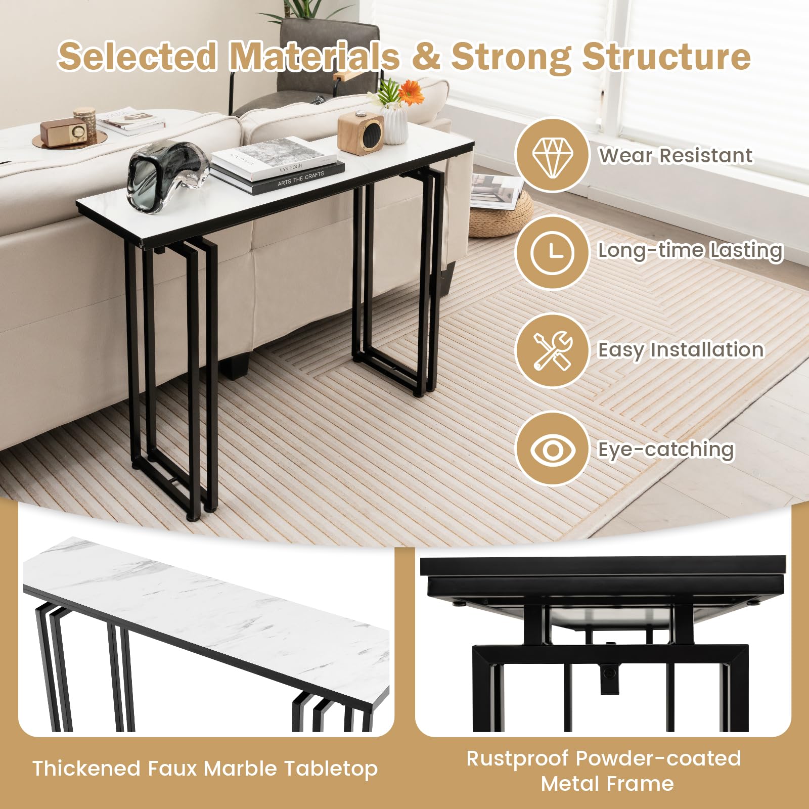 Giantex 110cm Console Table, Faux Marble Sofa Table w/Sturdy Metal Legs
