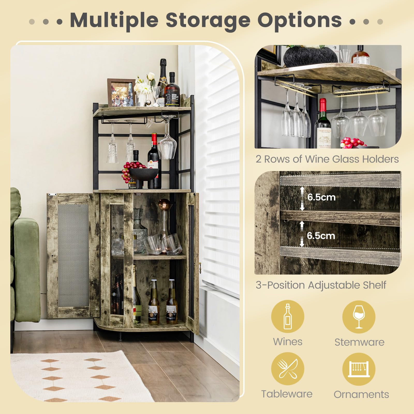 Giantex Corner Bar Cabinet with Glass Holder, Industrial Wine Cabinet with Metal Mesh Doors