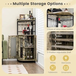 Giantex Corner Bar Cabinet with Glass Holder, Industrial Wine Cabinet with Metal Mesh Doors