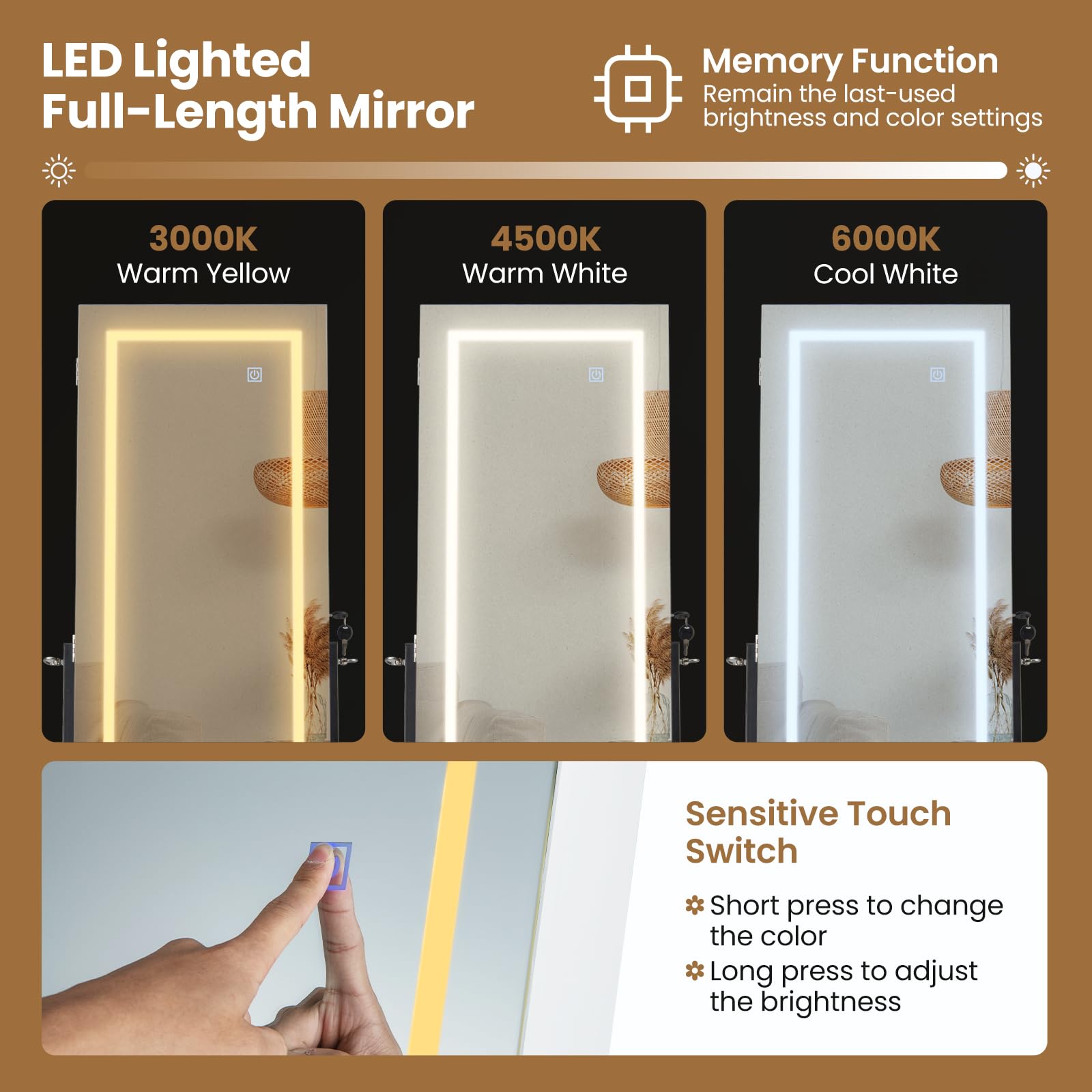 Giantex LED Standing Jewelry Mirror Cabinet, 160cm Lockable Jewelry Armoire Organizer with 3-Color Lighted Full-Length Mirror