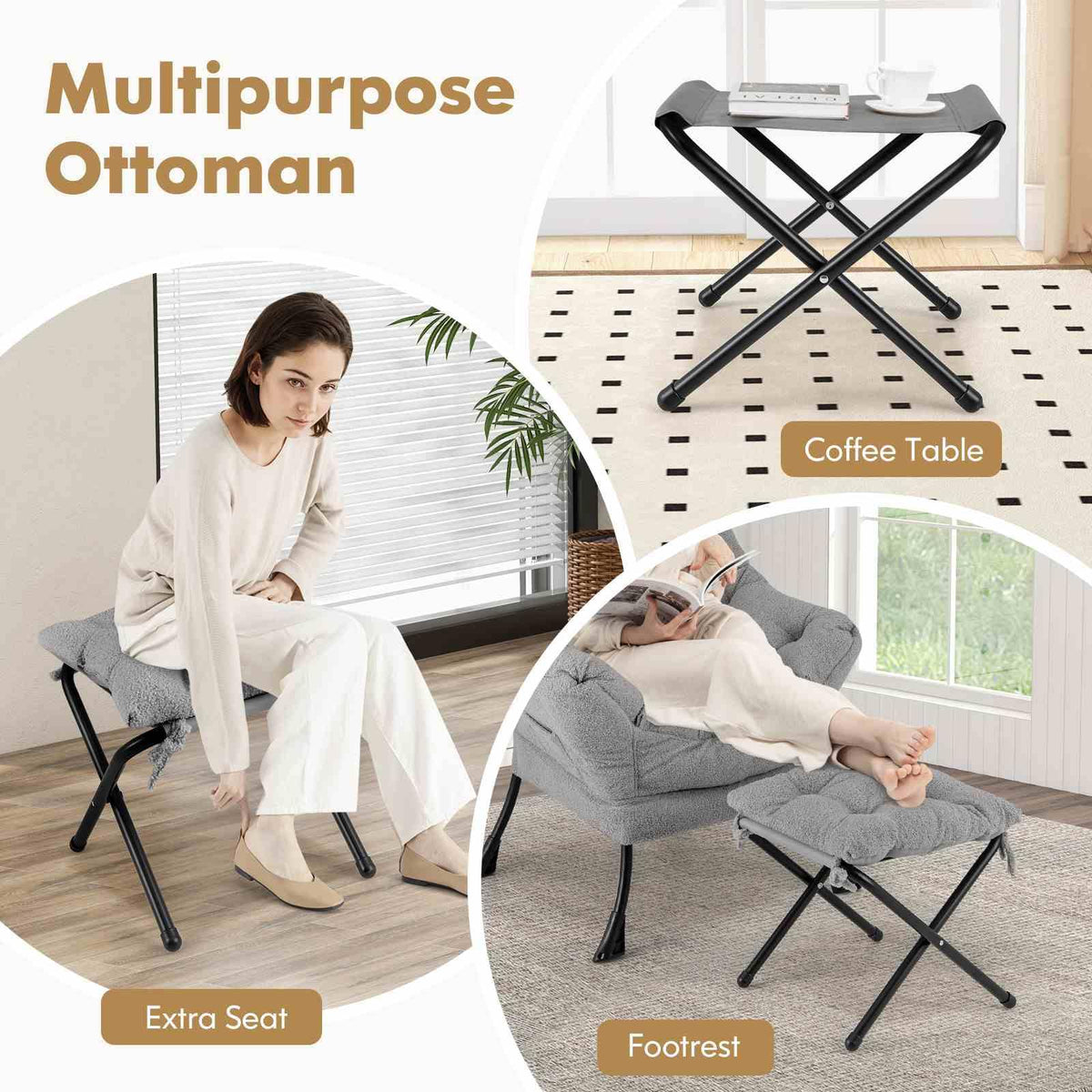 Lazy Chair with Ottoman, Modern Accent Chair with Folding Footrest, Head Pillow, Armrests, Storage Pocket