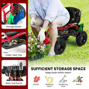 Rolling Garden Cart Scooter, Outdoor Heavy-Duty Gardening Cart w/ 26cm Tires, Swivel Seat